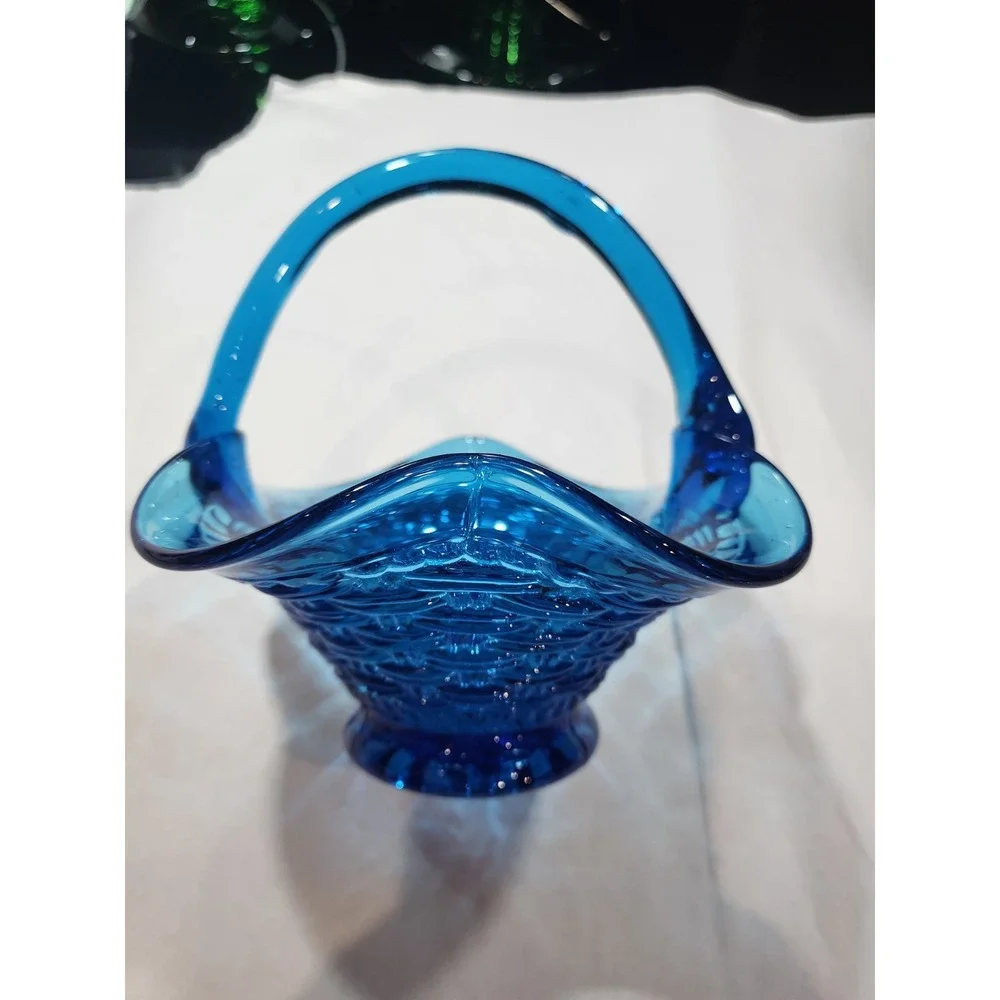 Fenton Style~ Basketweave Basket~ Ruffled~Crimped~Blue Glass~Trinket~Candy Dish